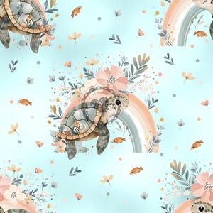 Könnte beinhalten: Ein nahtloses Muster mit Aquarell-Illustrationen von Meeresschildkröten, Regenbögen und Blumen auf hellblauem Hintergrund. Die Schildkröten sind mit braunen Schalen dargestellt und von rosa, gelben und weißen Blumen umgeben. Die Regenbögen sind mehrfarbig und haben einen weichen Aquarelleffekt.