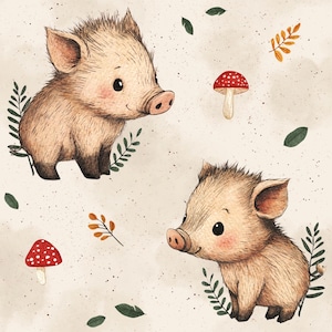 Könnte beinhalten: Zwei braune Ferkel mit rosa Nasen und weißen Flecken sind auf einem beigefarbenen Hintergrund mit grünen Blättern und roten Pilzen gezeichnet.