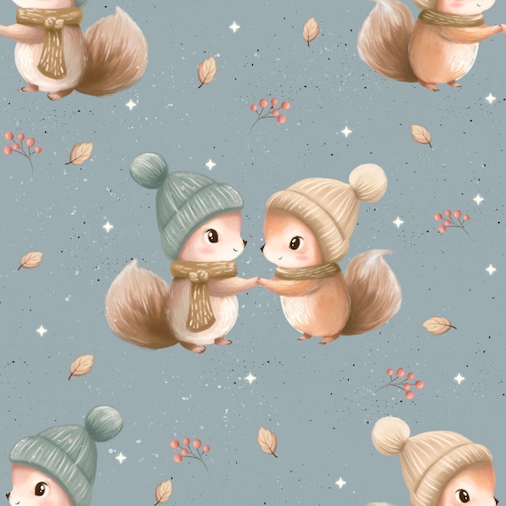 Meterware Eigenproduktionen Bio French Terry Eichhörnchen winter