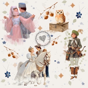 Könnte beinhalten: Eine skurrile Illustration mit Märchenfiguren, darunter ein tanzendes Paar, eine Prinzessin auf einem weißen Pferd und eine Figur mit Pfeil und Bogen. Das Kunstwerk zeigt eine Eule, eine Holzkiste und dekorative Elemente wie Sterne und florale Akzente.