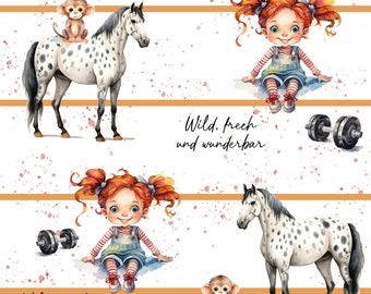 Wild, frech und  wunderbar kinderstoff babystoff French Terry softshell Eigenproduktionen weiß Pferd rothaariges Mädchen handmade