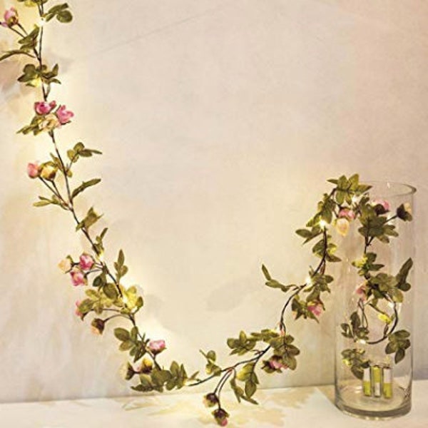 20 LED 7.2ft Artificial Flower Rose Vine String Lights, Battery Powered Garland Plant Fairy Light Wedding Party Garden Decoration Craft Art
