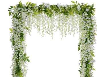 Wisteria Artificial Flowers Garland, 4Pcs Total 28.8ft White Artificial DIY Vines Silk Hanging Flowers Outdoor Ceremony Wedding Arch Floral