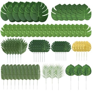 70 Pieces 10 Kinds Artificial Palm Leaves Tropical Leaves Decoration Jungle Party Decorations Beach Birthday Luau Hawaiian Party Decorations