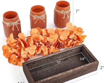 Mason Jars Centerpiece: Orange Rustic Jars with Wood Tray