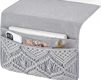 Macrame Bedside Caddy: Boho Gray Bed Organizer with Pockets