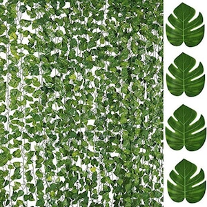 COMBO 84FT Artificial Vines With Leaves Fake Ivy Foliage Flowers Hanging  Garland 12PCS Individual Strands Plus 12PCS Faux Tropical Palm 