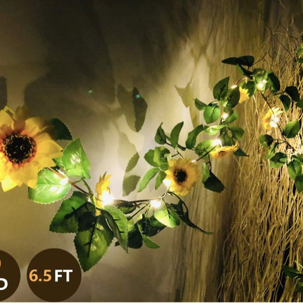 20 LED Artificial Sunflower Garland String Lights 6.56ft Silk Sunflower Vines with 9 Flower Heads Battery Operated Fairy Night Light Bedroom