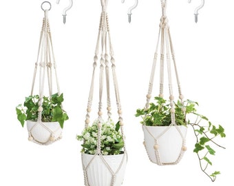 DEAL - 3 Pack Macrame Plant Hangers Indoor Different Size Hanging Planter Basket Flower Pot Holder with Beads DIY Garden, Medium, Ivory