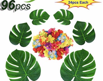 96pcs Tropical Palm Leaves Decorations Jungle Theme Party, Hibiscus Flowers, Monstera leaf Decor for Hawaiian Luau Party BBQ w/ adhesive