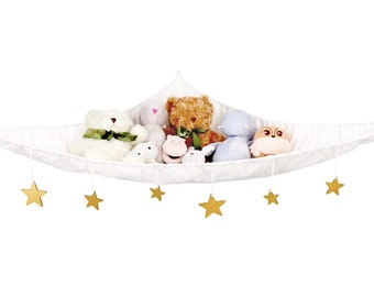 Stuffed Animal Toy Hammock Hanging Macrame Stuffed Animals Storage Net Wooden Stars Decorations Boho Large Nursery Playroom Kids Room White