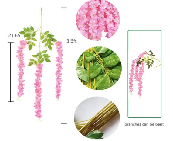 24Pcs Artificial Pink Wisteria Hanging Garland – Silk Fake Flower Vine – Party, Home, Wedding Decor (Approx 41-43 Inches Long)