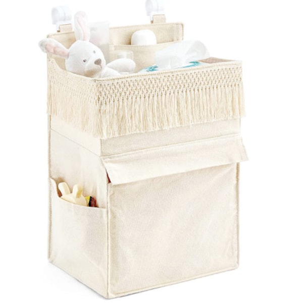 Diaper Organizer Caddy Macrame Hanging Baby Diaper Storage Crib Changing Table Essentials Bag Boho Decor Nursery Bedroom Newborn Gift, Ivory