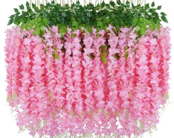 24 Pack Artificial Fake Wisteria Vine, 3.6 Feet Wisteria Hanging Garland Flowers, Silk Garland Ratta Long Bush Flowers String Wedding Pink