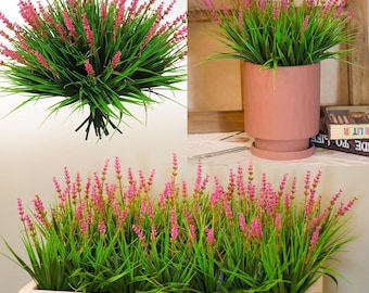 12 Bundles Pink Artificial Monkey Grass: UV Resistant Outdoor Plant Decor