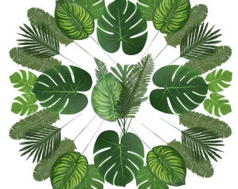 90 Pcs 6 Kinds Artificial Leaves Tropical Party Jungle Leaves Stem for Tropical Leaves Beach Birthday Jungle Party Palm Leaves Decorations
