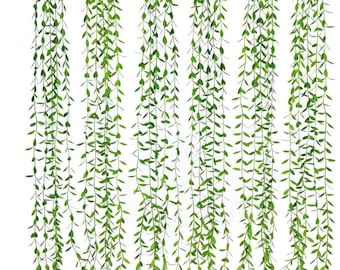 May include: Six strands of artificial greenery hanging down, each strand has small green leaves and a vine-like stem. The strands are hanging against a white background.