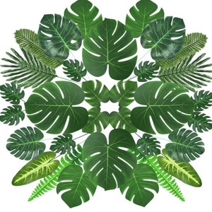 90 Pieces 10 Kinds Artificial Palm Leaves Faux Tropical Leaves Stems Jungle Leaves Decorations Hawaiian Party Baby Shower Wedding Birthday