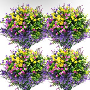 May include: Four artificial flower bouquets with purple, yellow, and pink flowers. The bouquets are arranged in a square pattern.