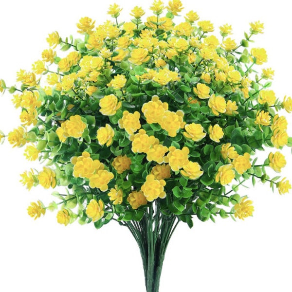 6 Bundles Artificial Flowers Outdoor Fake Flowers Decoration UV Resistant No Fade Faux Plastic Plants Garden Porch Window Box Décor (Yellow)