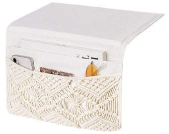 Macrame Bedside Caddy Storage Organizer Boho Remote Control Tablet Magazine 4 Pockets Non-slip Countertop Bedside Caddy Home Bedroom Ivory