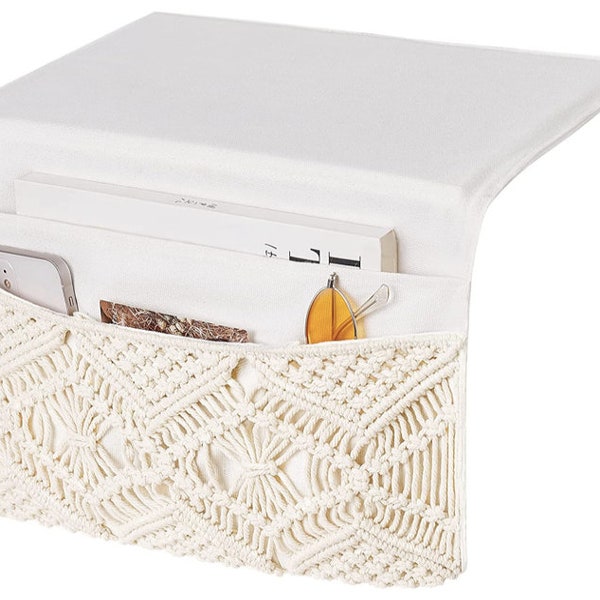 Macrame Bedside Caddy Storage Organizer Boho Remote Control Tablet Magazine 4 Pockets Non-slip Countertop Bedside Caddy Home Bedroom Ivory