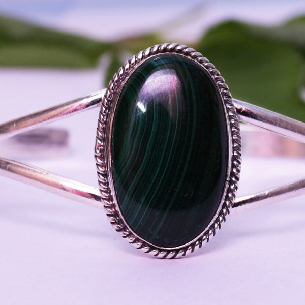 Malachite 925 Sterling Silver Bangle, Handmade Bangle , Green Malachite Bangle, Oval Shape Bangle, Woman Jewelry Gift Item.