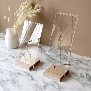 Necklace display stand | Clear acrylic and wood necklace holder | Pendant, necklace display bust | Jewelry stand for shops and craft shows