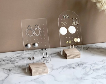Stud earring display stand | Clear acrylic and wood earring holder | Transparent earring organizer