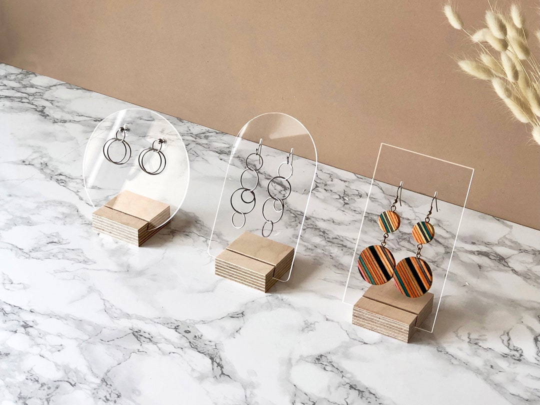 Earrings Display Stand Clear Acrylic and Wood Earring Holder