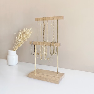 Jewelry stand Jewelry holder organizer Minimalist necklace display stand 2 tier brass and wood bracelet earring ring storage image 8