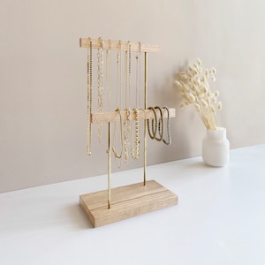 Jewelry stand Jewelry holder organizer Minimalist necklace display stand 2 tier brass and wood bracelet earring ring storage Light stain