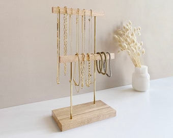 Support à bijoux | Organiseur de porte-bijoux | Présentoir minimaliste pour colliers | Rangement pour boucles d'oreilles en laiton et en bois à 2 niveaux