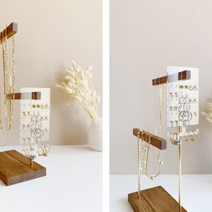 Jewelry stand Jewelry holder organizer Minimalist necklace display stand 2 tier brass and wood bracelet earring ring storage image 3