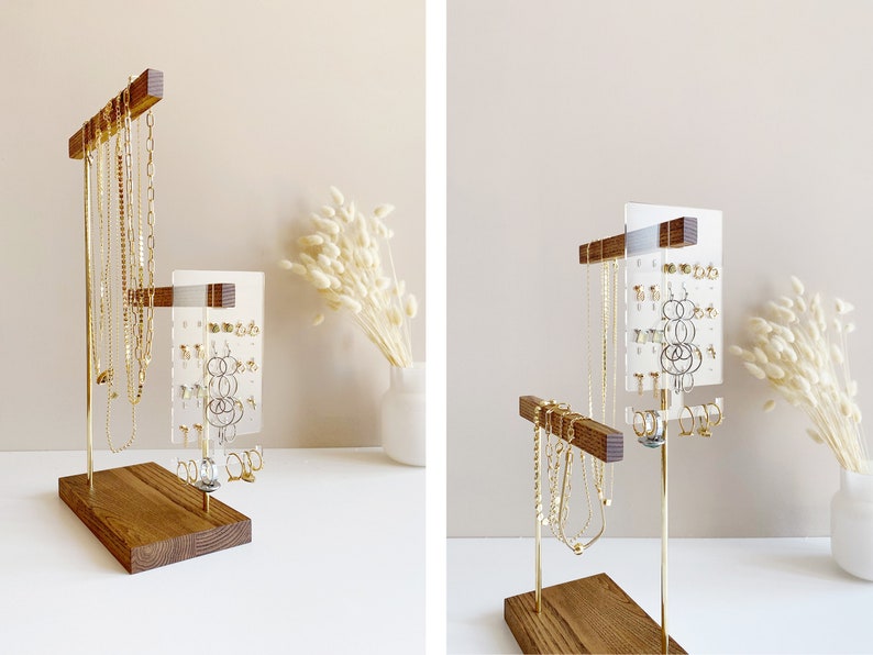 Jewelry stand Jewelry holder organizer Minimalist necklace display stand 2 tier brass and wood bracelet earring ring storage image 3