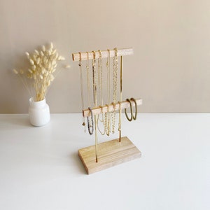 Jewelry stand Jewelry holder organizer Minimalist necklace display stand 2 tier brass and wood bracelet earring ring storage image 4