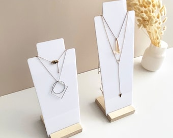 Necklace display stand | White acrylic and wood necklace holder | Pendant, necklace display bust | Jewelry stand for shops and craft shows