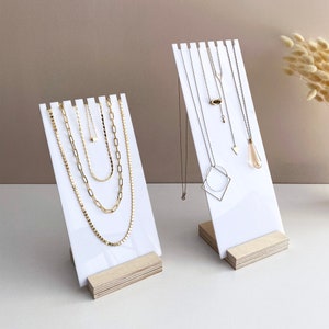 Necklace display stand | White acrylic and wood necklace holder | Jewelry stand for shops and craft shows