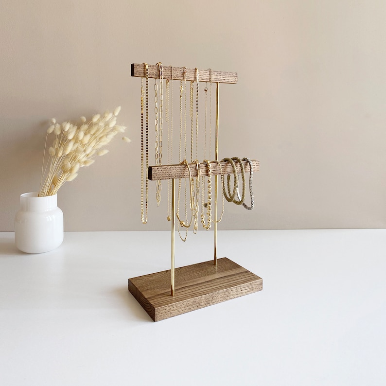 Jewelry stand Jewelry holder organizer Minimalist necklace display stand 2 tier brass and wood bracelet earring ring storage Dark stain