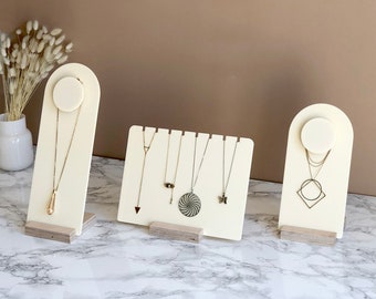 Necklace display stand | Pendant and necklace holder | Wood and cream acrylic necklace stand