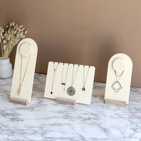 Necklace display stand | Pendant and necklace holder | Wood and cream acrylic necklace stand