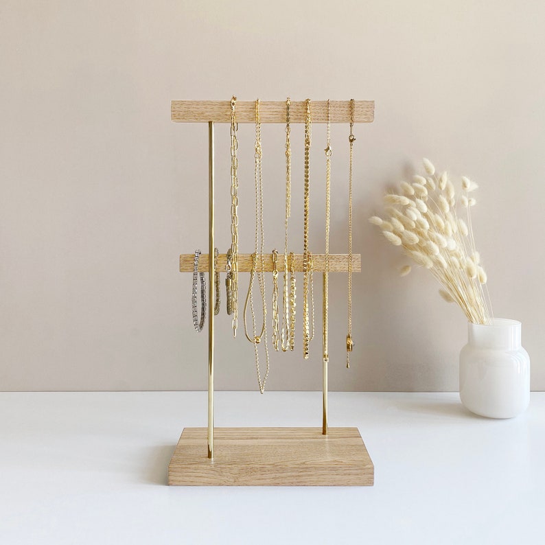 Jewelry stand Jewelry holder organizer Minimalist necklace display stand 2 tier brass and wood bracelet earring ring storage image 5