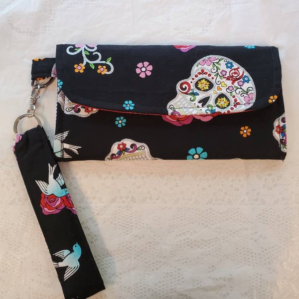 Wristlet wallet, womens fashion wallet, sugar skulls print, one of a kind, unique gift,  ready to ship