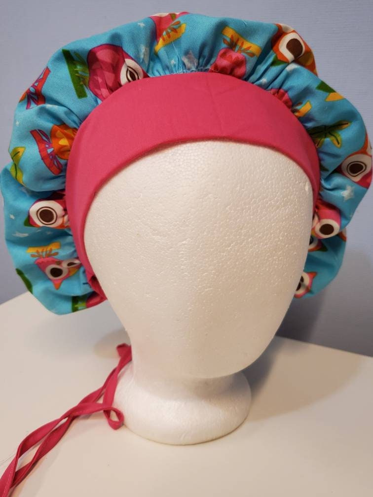 Bouffant ponytail scrub cap, colorful owls