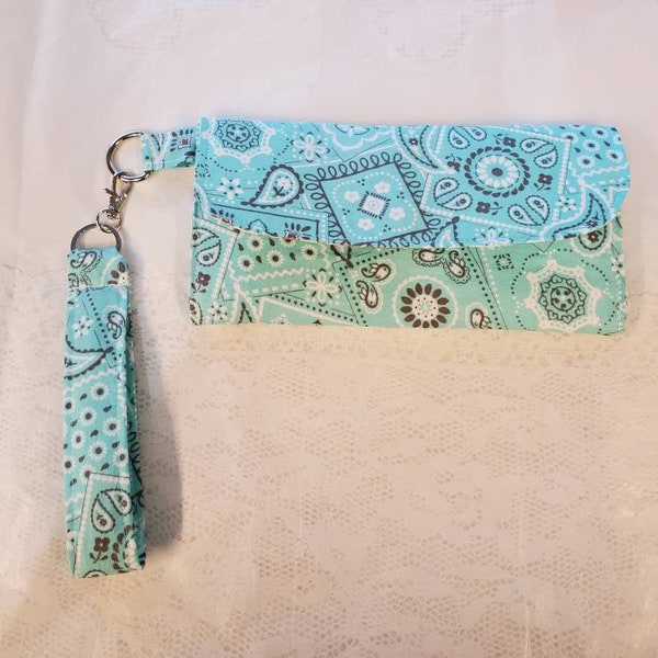 Wristlet wallet, one of a kind, unique gift, turquoise bandana print,ready to ship