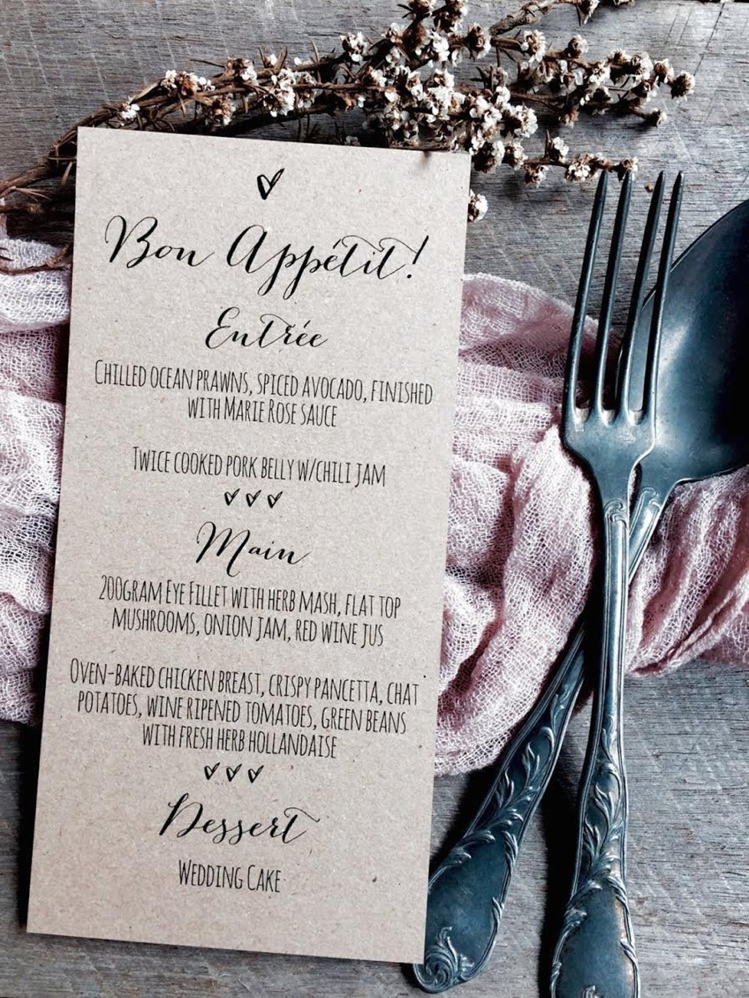 Kraft Wedding Menus Bon Appétit Menus Wedding Menus Heart Etsy