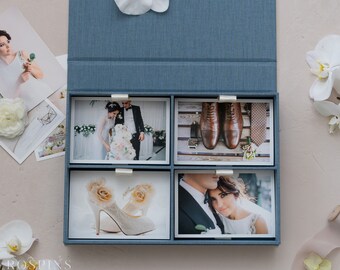 Linen Four-compartment Photo Box - Lake Blue | Custom size wedding photo box | Foil Stamped with logo or texts
