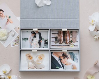 Linen Four-compartment Photo Box - Heather Grey | Custom size wedding photo box | Foil Stamped with logo or texts