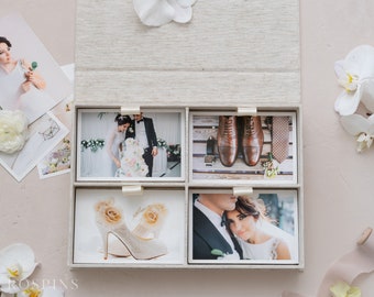 Linen Four-compartment Photo Box - Stratum Linen | Custom size wedding photo box | Foil Stamped with logo or texts