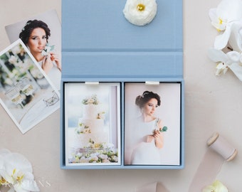 Linen Double Photo Box - Light Blue | Custom size wedding photo box | Foil Stamped with logo or texts